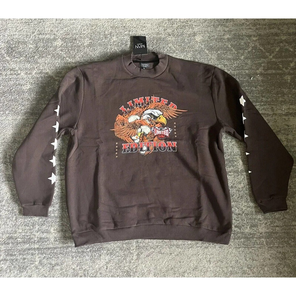 Men’s BoohooMAN sweater Size XL Limited Edition Eagle Print Brown Q5